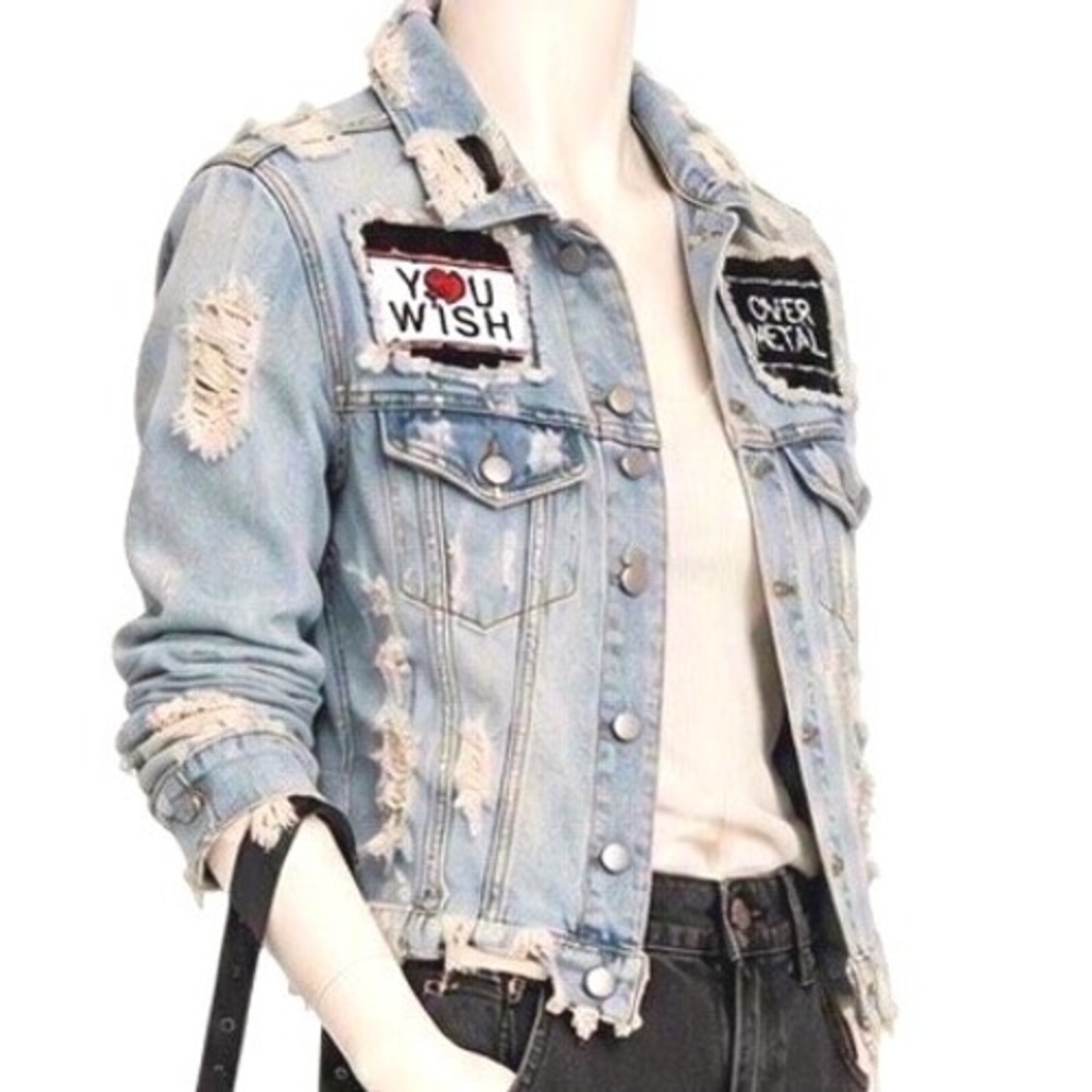 UNIF 100% Cotton Fornever Distressed Light Wash Denim Jacket Grunge Punk | Sz S